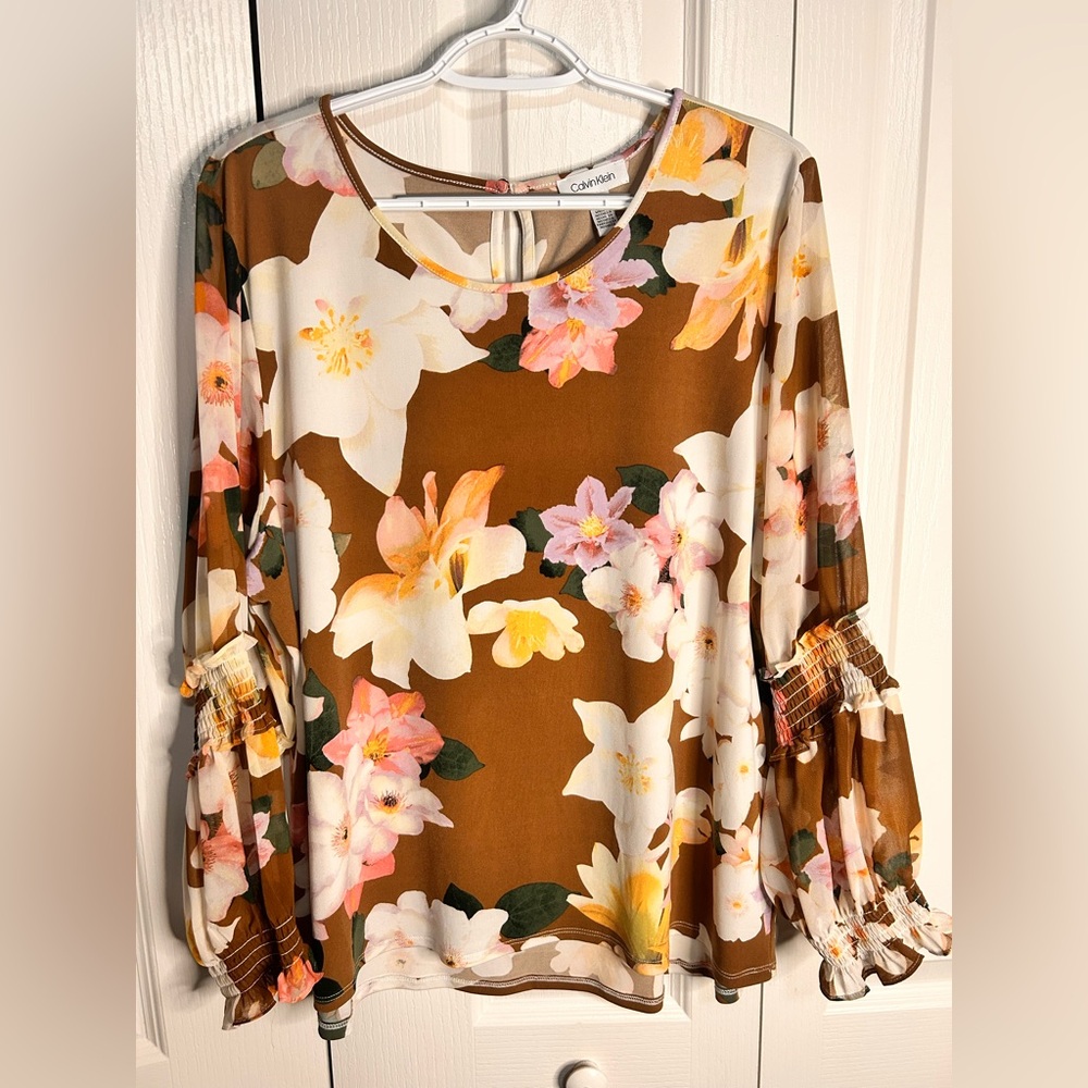 Calvin Klein Women’s Floral Boho Brown Women's Long Sleeve Top Blouse Size XL